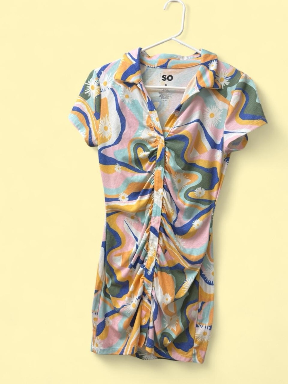SO Short-Sleeve Ruched Button Floral Wave dress- Pink, Blue, Yellow, Green